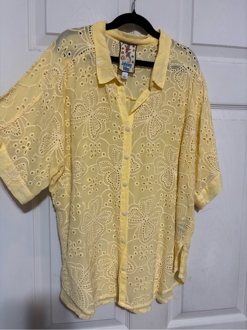 Johnny Was Pale Yellow Eyelet Button-Front Top